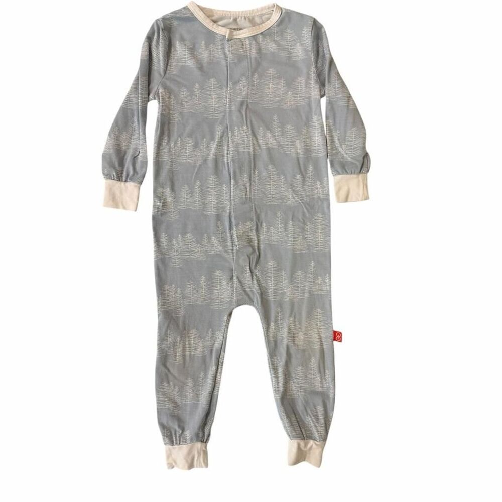 Magnetic Me gray & blue onesie with white tree silhouette pattern